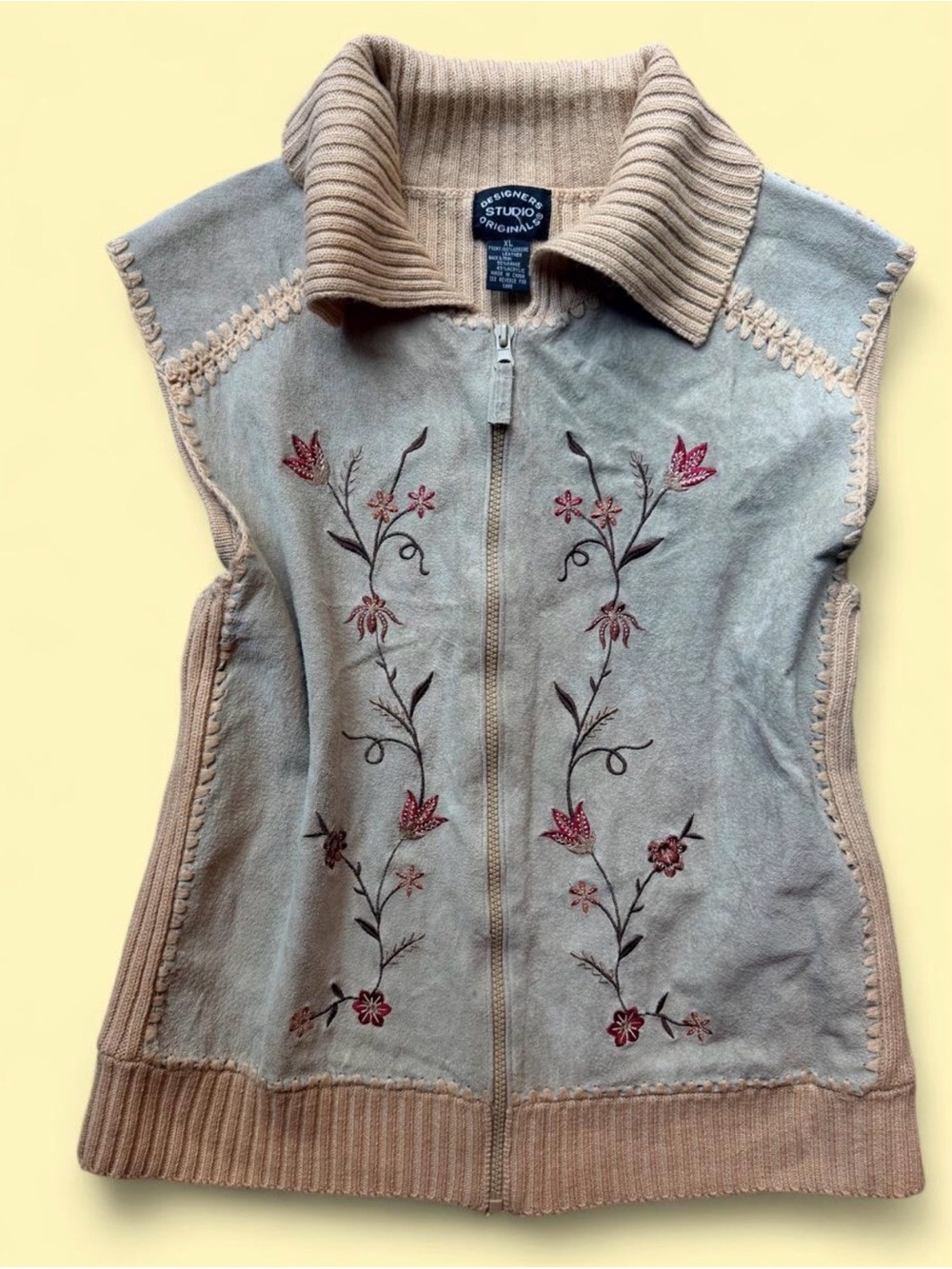 Designer Studio 90s Beige Suede leather Embroidered Zip-Up Vest